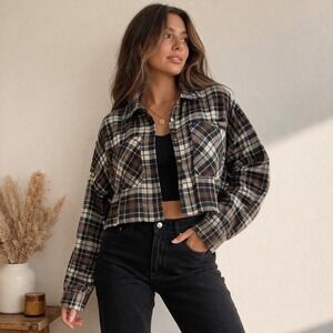Ci Sono Cropped Plaid Flannel Brown Black Tartan Button Up Top-Medium Grunge